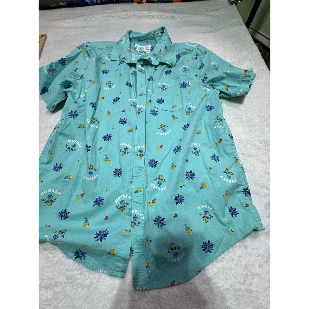 Hurley Men's Teal Party Hawaiian Short Sleeve Button Up Shirt‎ M Bright AOP